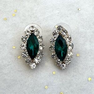 Emerald Green and Crystal Clear Stud Earrings. Gold Toned. Excellent Condition!